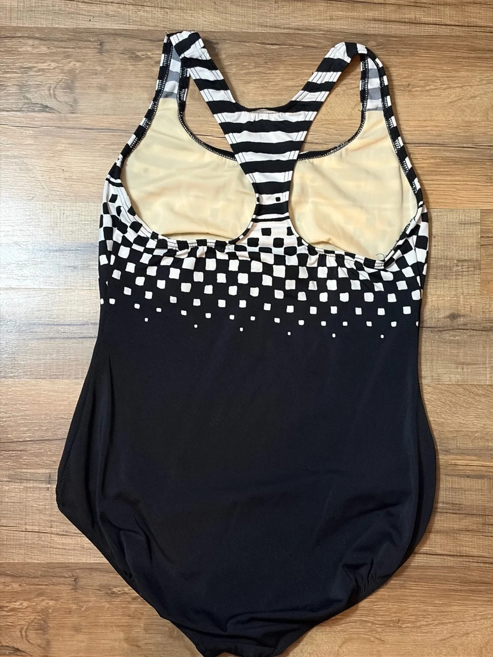 Lands' End Black and White checked Patterned One-Piece Swimsuit Sz 16 pool beach